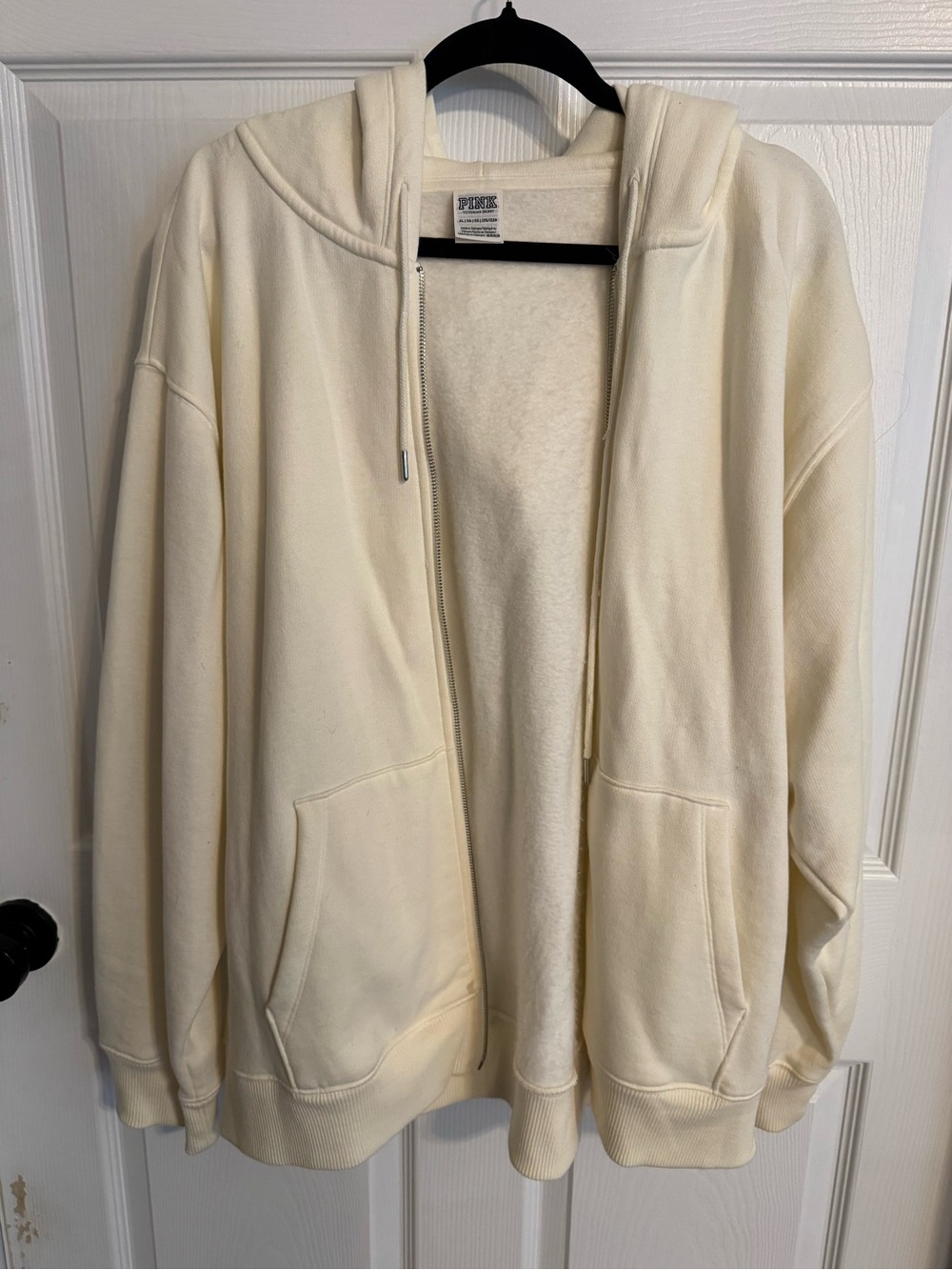 PINK Victoria’s Secret Cream Zip-Up Hoodie XL Oversized Fleece Lined Ivory